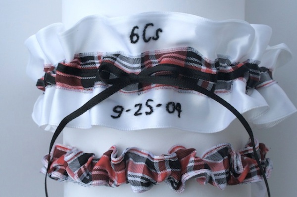 white, black and red plaid satin embroidered wedding garter set - julianne smith